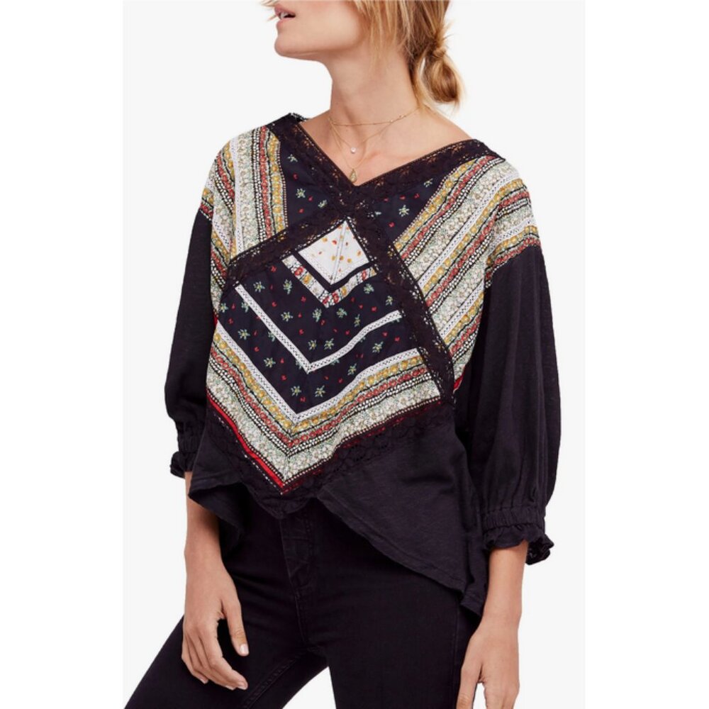 Free People Prairie Days Printed Lace-Trim T-Shirt